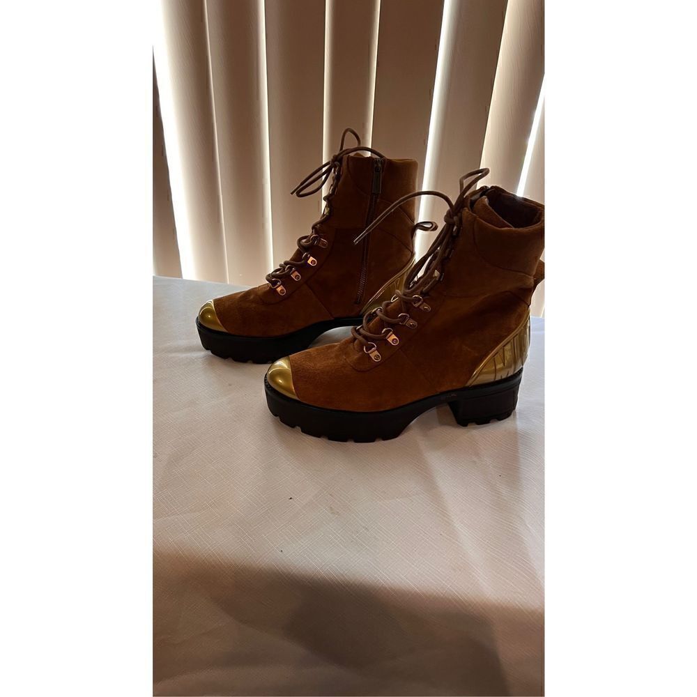 Michael Kors womens Suede Leather Chunky Heel Ankle Boots Brown Gold Size 9.5 - Picture 5 of 15